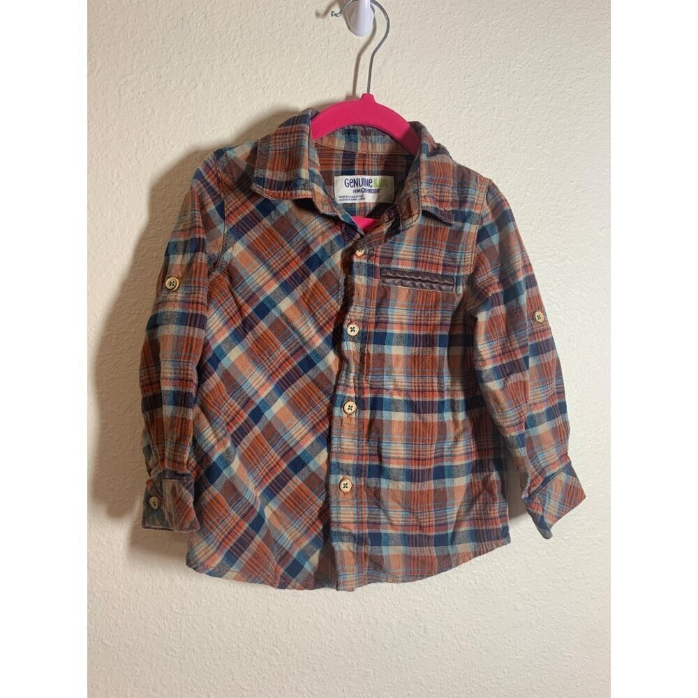 Genuine Kids Osh Kosh Plaid Button Up Shirt Boys Size 2T Orange Fall Grunge I6